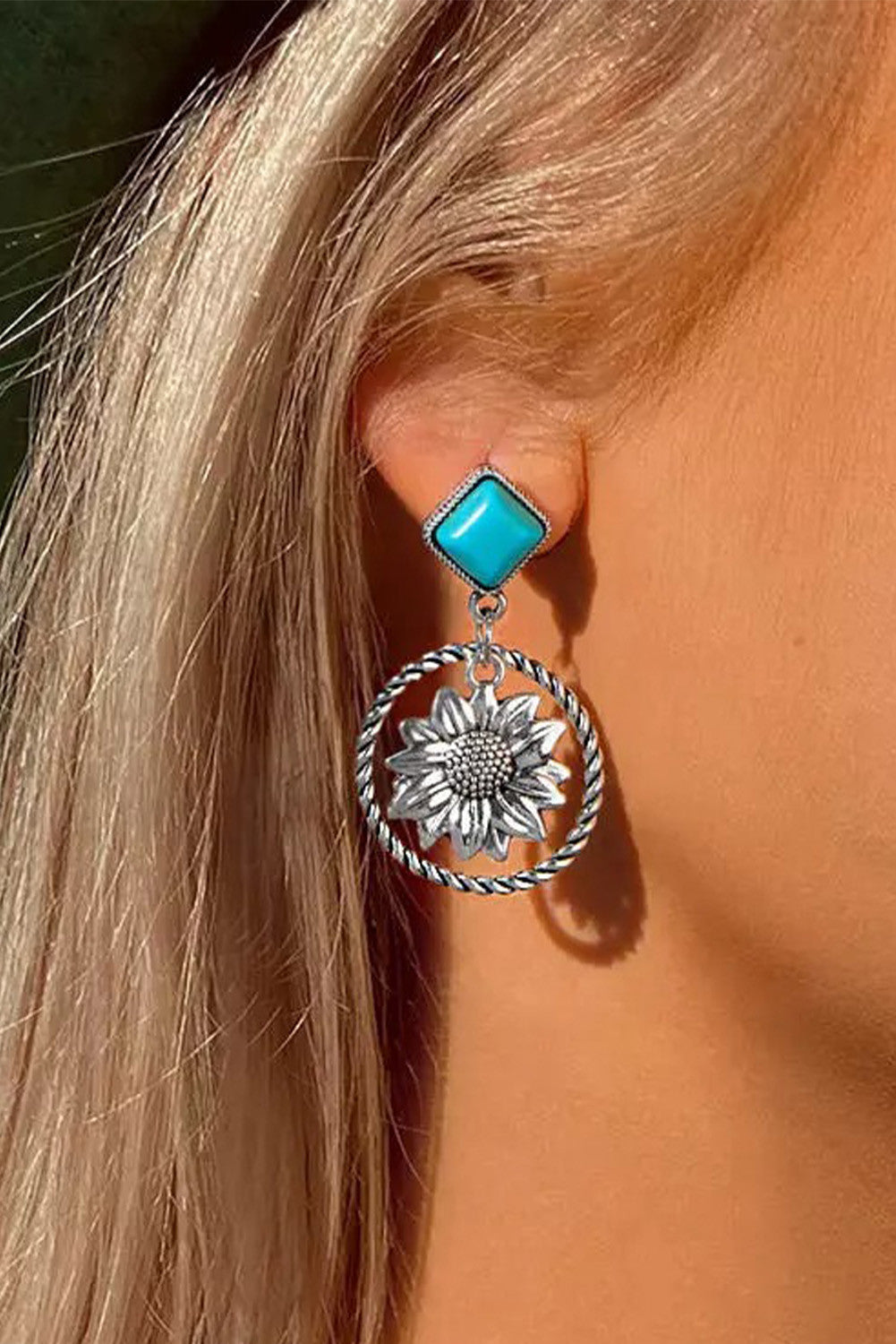 Silver Sunflower Turquoise Earrings