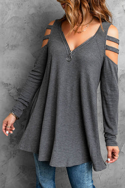 Gray Zip Neck Cut-out Waffle Knit Long Sleeve Top