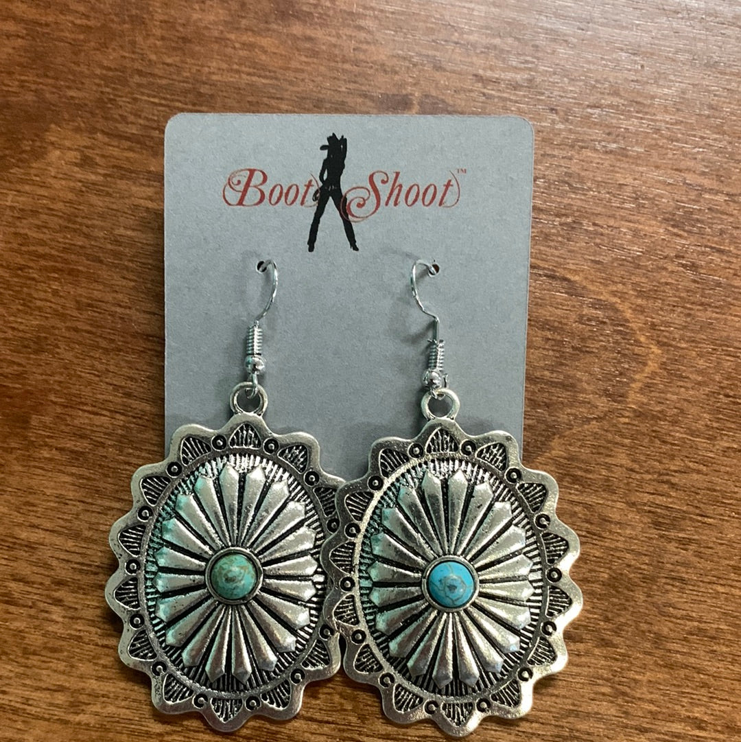 Silver Western Turquoise Round Drop Earrings