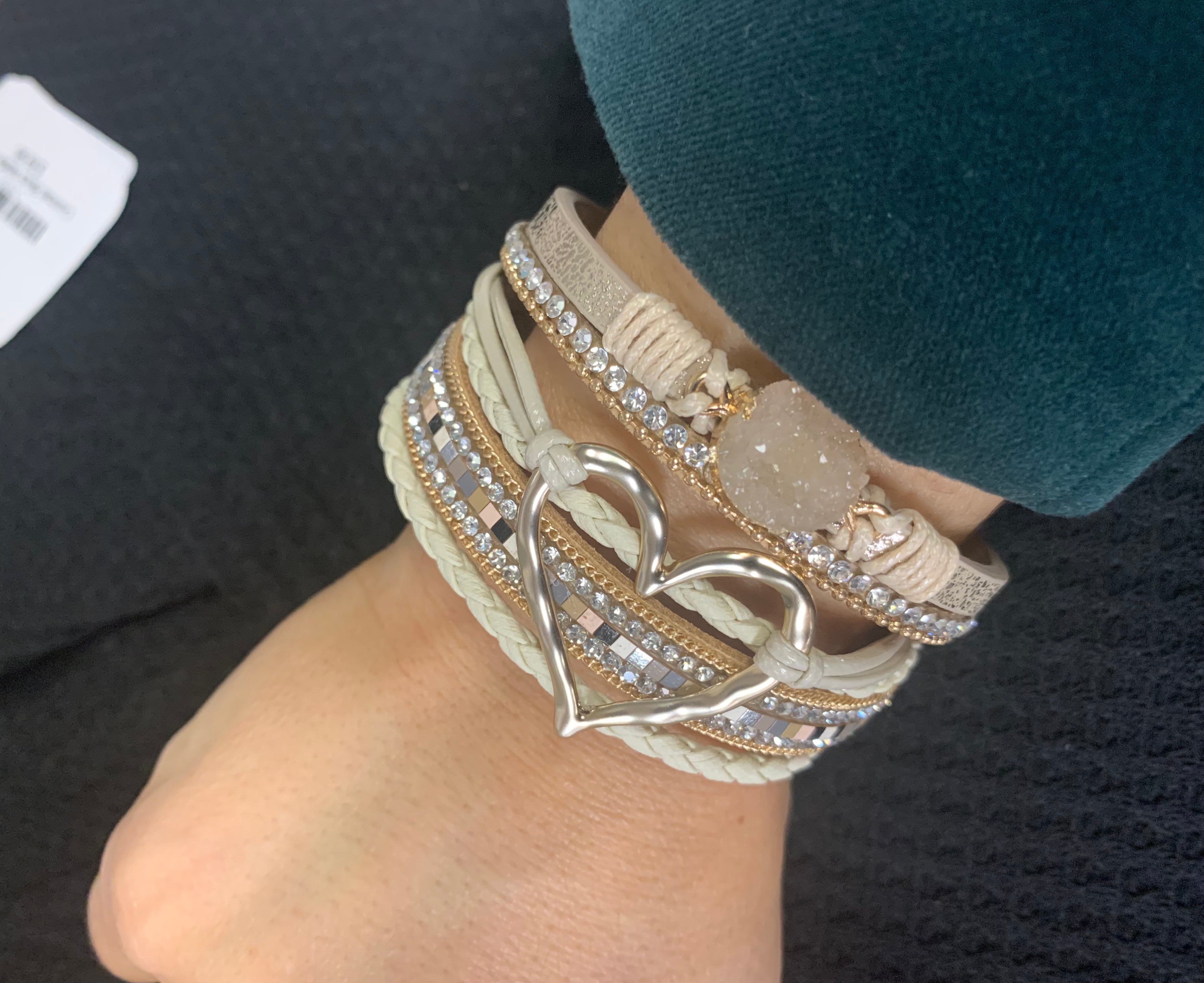Beige Bohemian Heart Rhinestone Magnetic Buckle Bracelet