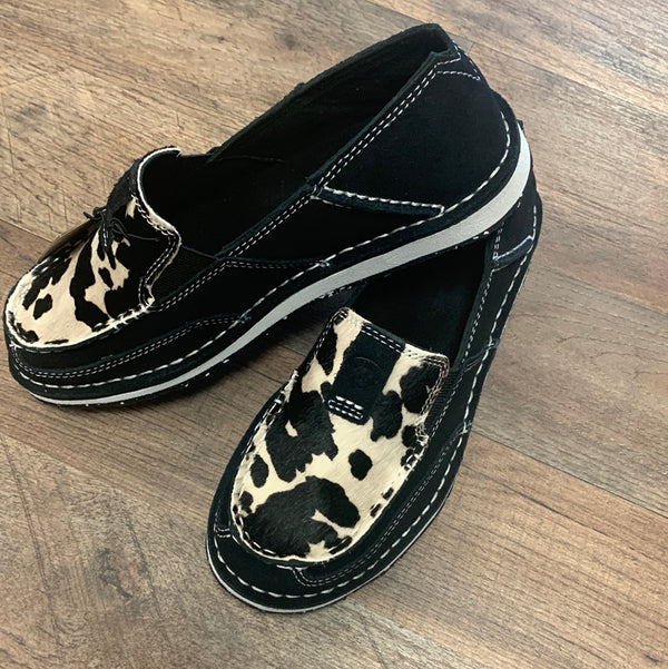 ARIAT WOMEN'S SUEDE COW PRINT HAIR-ON CASUAL SLIP-ON CRUISER - MOC TOE