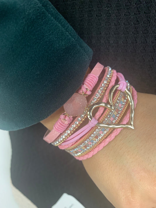 Pink Bohemian Heart Rhinestone Magnetic Buckle Bracelet
