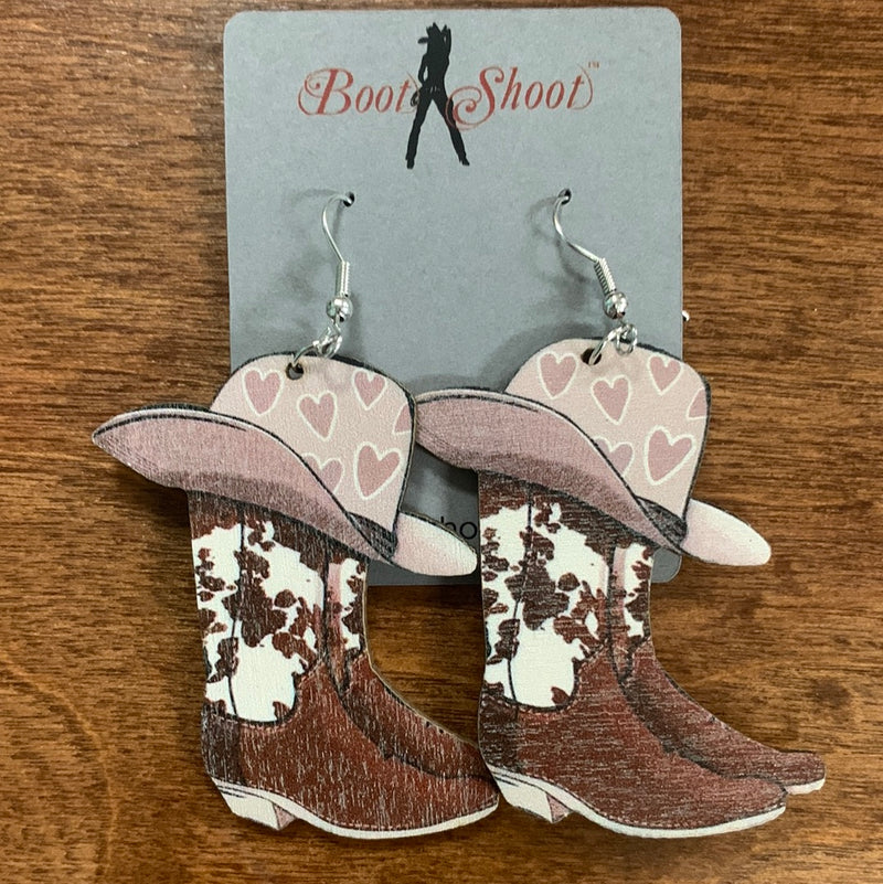 Pink Western Denim Boots Cow Print Dangle Earrings