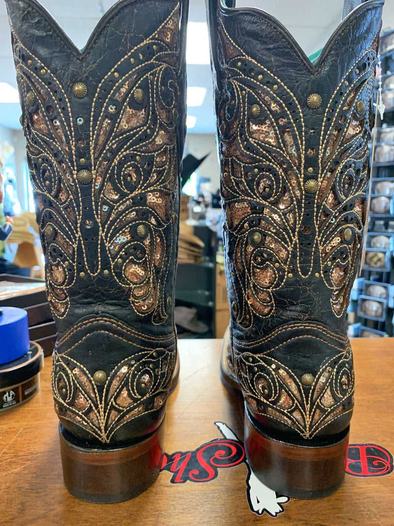 Corral Ladies Black & Honey Inlay & Embroidery Studs Square Toe A4127